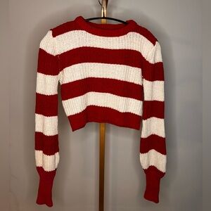 Express x Olivia Culpo Red and White Striped Crew Neck Cropped Sweater
